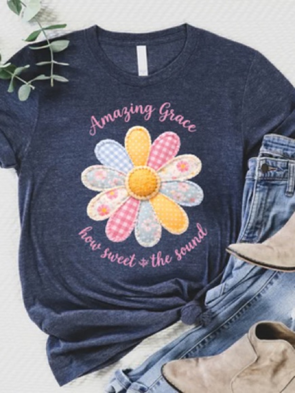 Amazing Grace Flower Tee - Heather Navy